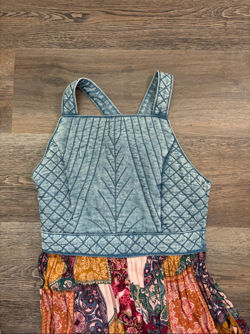 Quilted Bodice Patchwork Maxi Dress in Light Blue and Multi - Picture 2 of 5